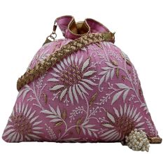 Pink Handmade Chikankari Silk Potli Bag